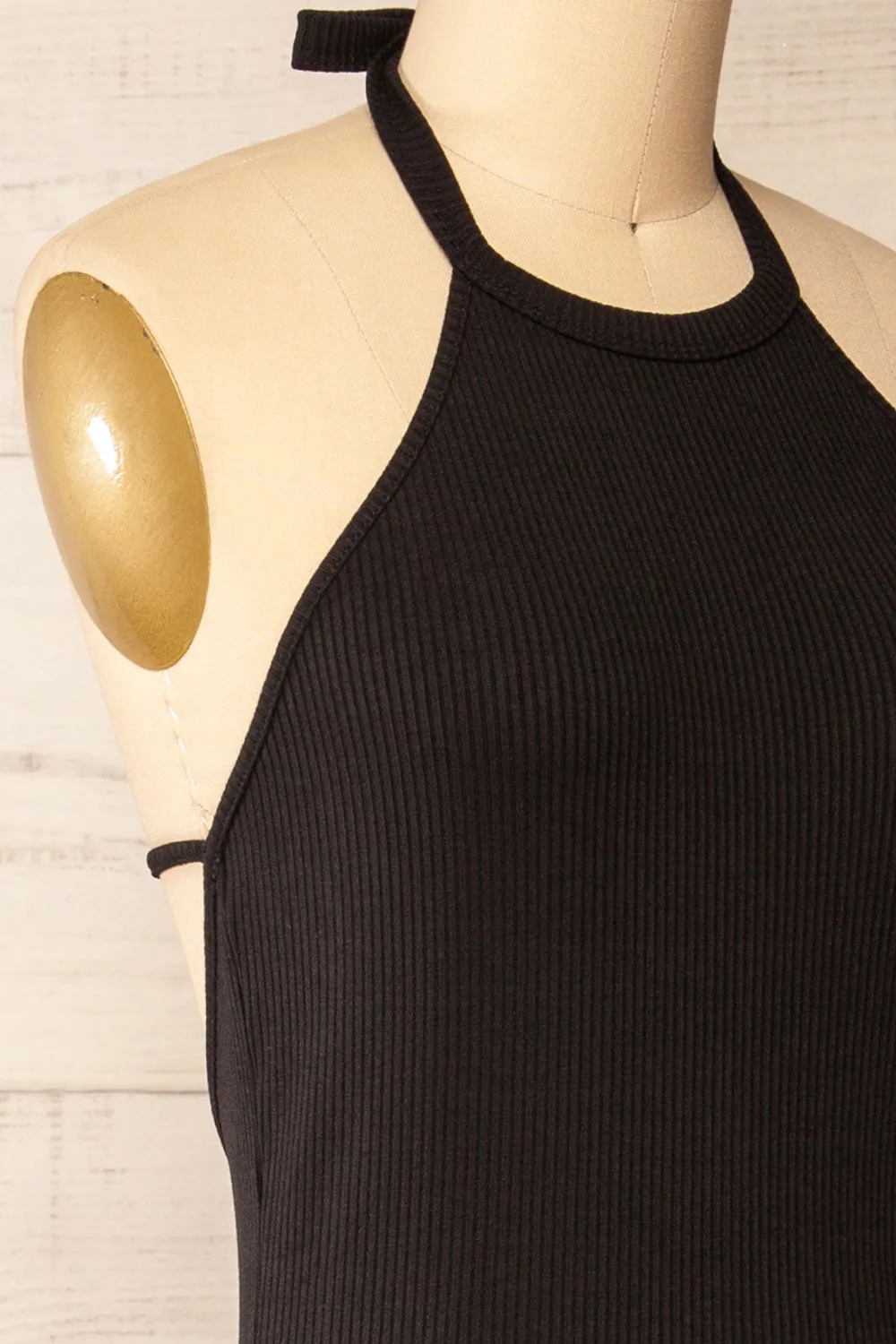 Anikara | Black Ribbed Midi Halter Dress