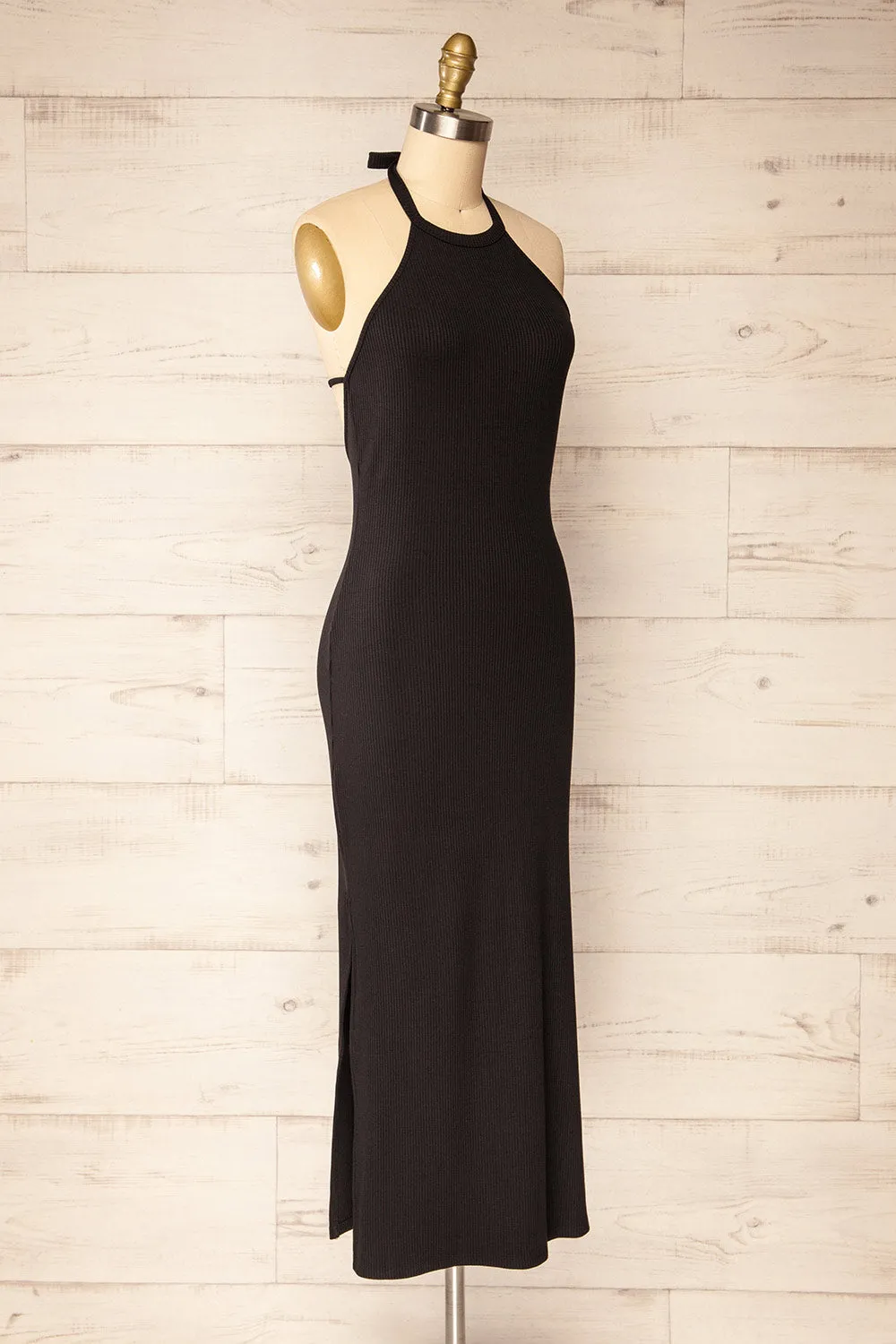 Anikara | Black Ribbed Midi Halter Dress