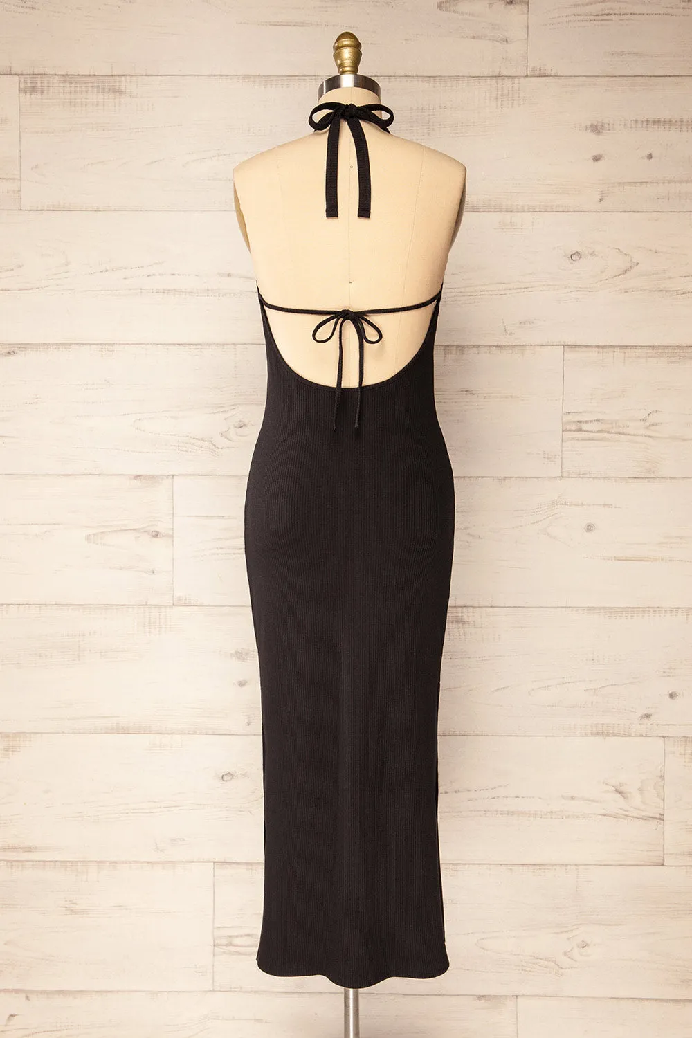 Anikara | Black Ribbed Midi Halter Dress