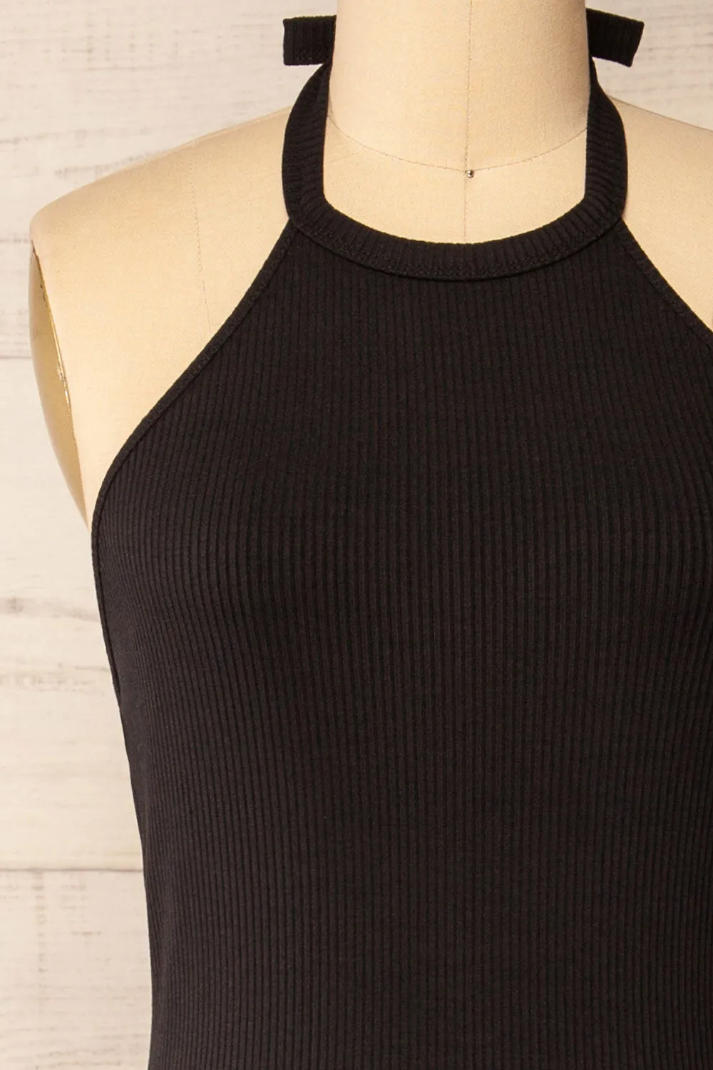 Anikara | Black Ribbed Midi Halter Dress