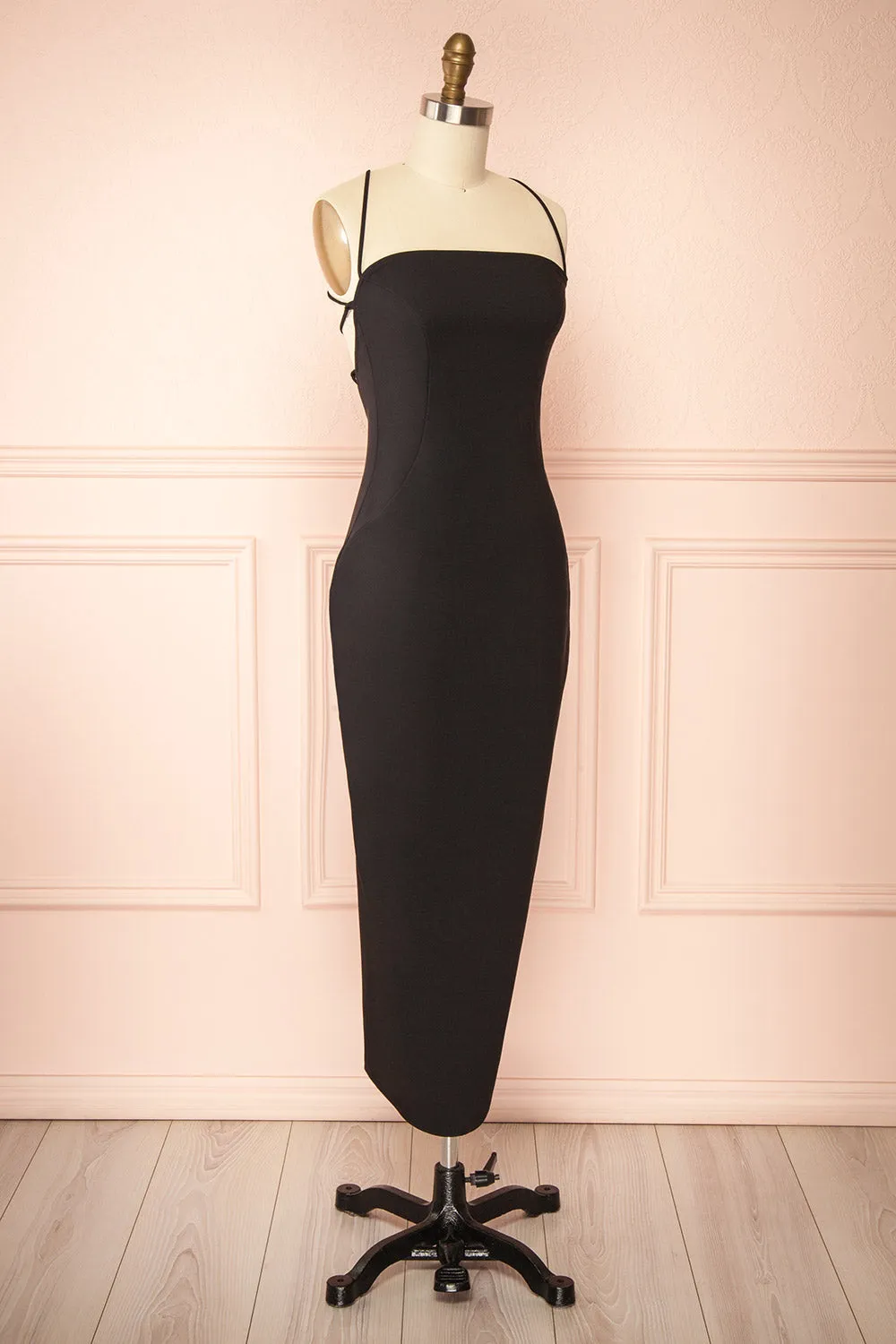 Arannia Black | Fitted Midi Dress with Laced Back