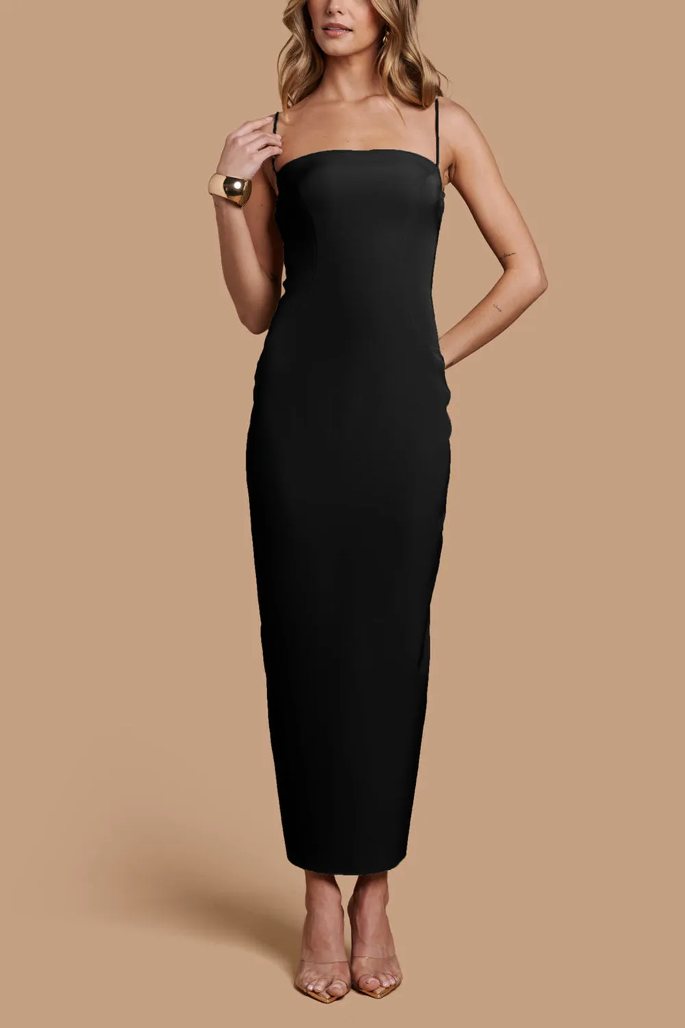 Arannia Black | Fitted Midi Dress with Laced Back