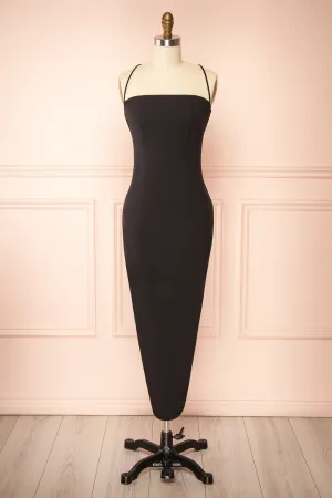 Arannia Black | Fitted Midi Dress with Laced Back