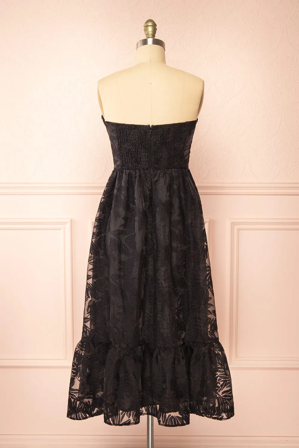 Arhea | Black Bustier Floral Midi Dress