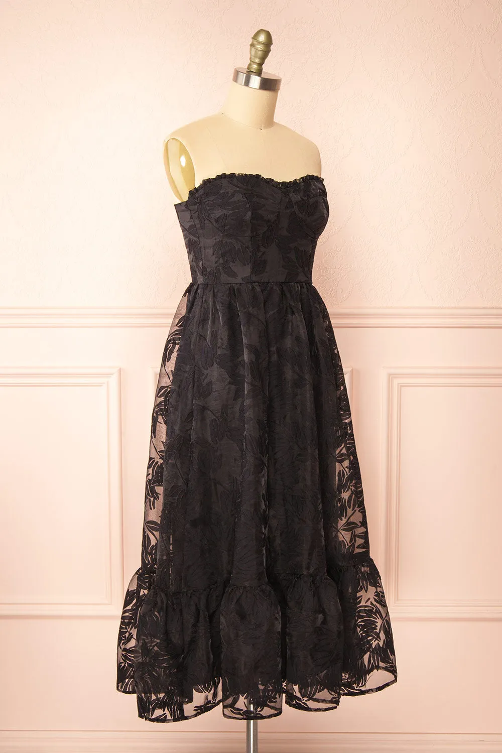 Arhea | Black Bustier Floral Midi Dress