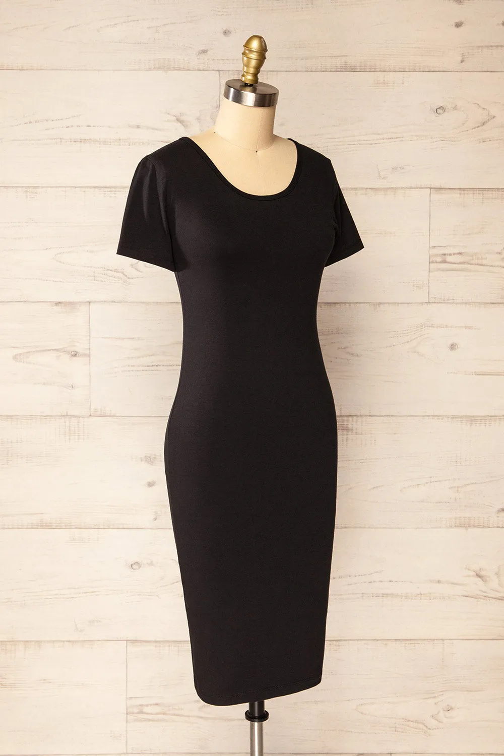 Athens Black | Short Sleeve Fitted Midi Dress