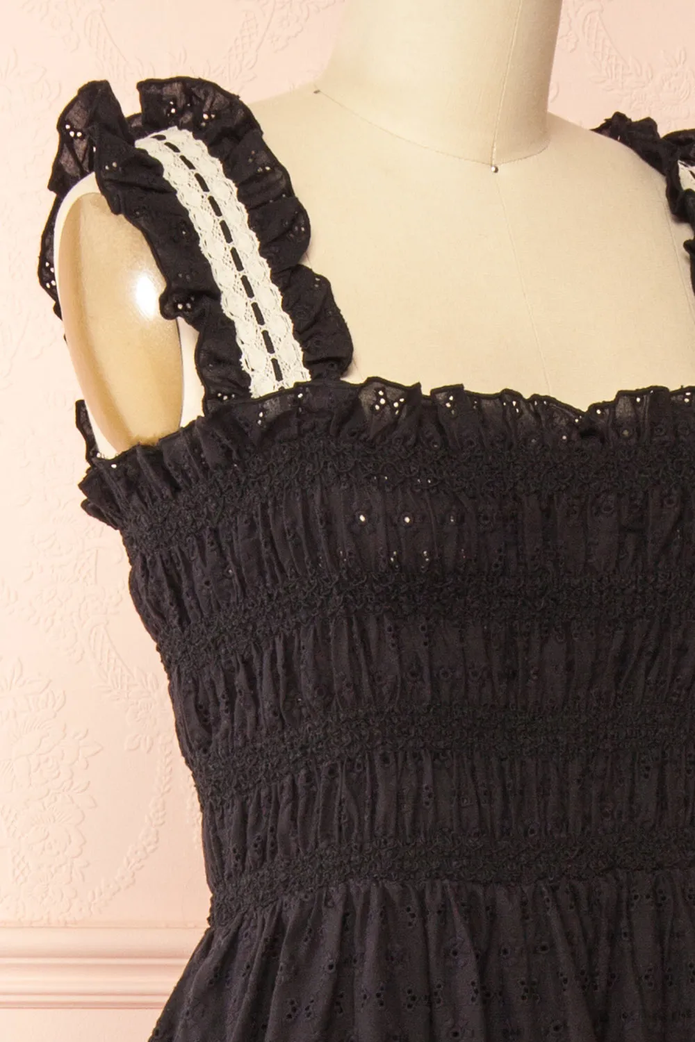Ayoko | Long Black Open Work Dress w/ Lace Detailing & Pockets