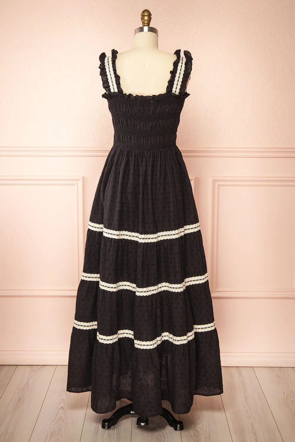 Ayoko | Long Black Open Work Dress w/ Lace Detailing & Pockets