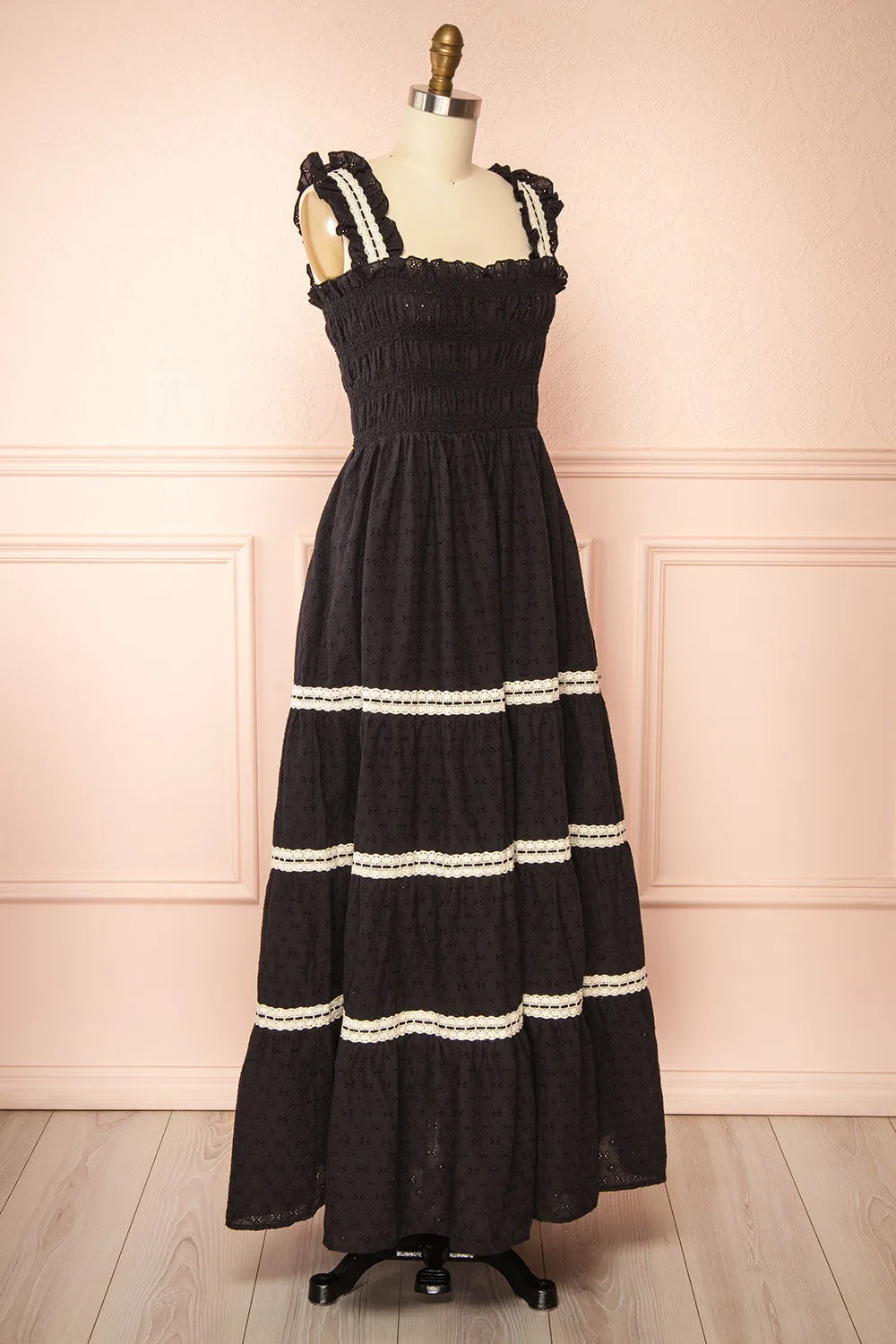 Ayoko | Long Black Open Work Dress w/ Lace Detailing & Pockets
