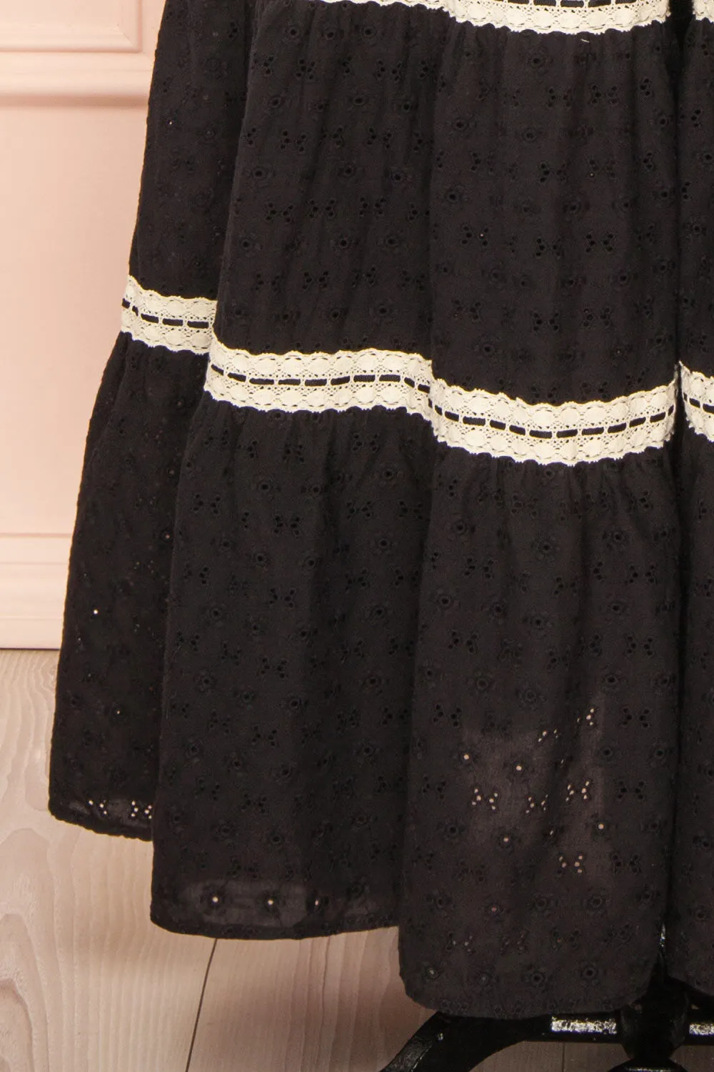 Ayoko | Long Black Open Work Dress w/ Lace Detailing & Pockets