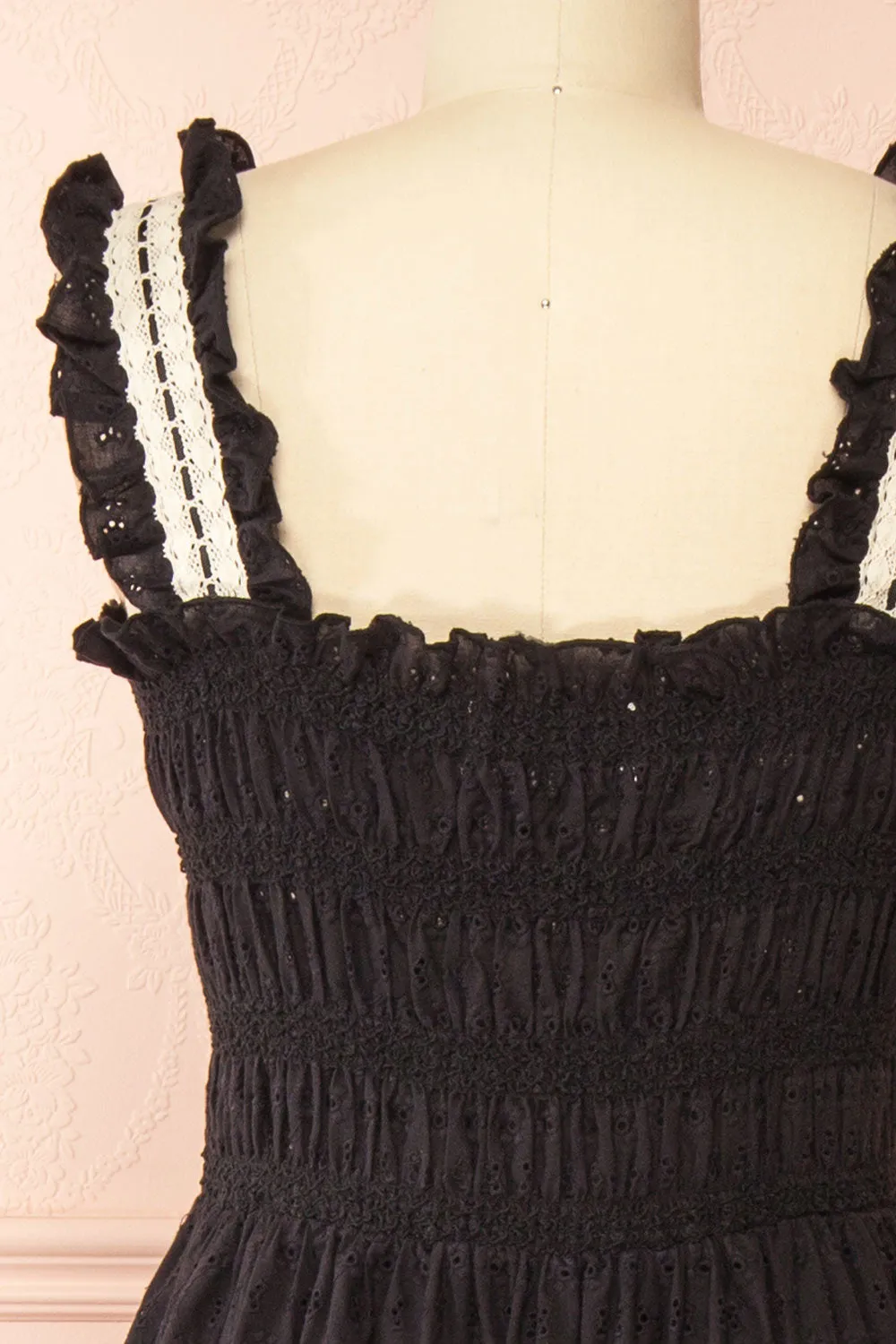 Ayoko | Long Black Open Work Dress w/ Lace Detailing & Pockets