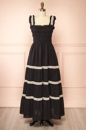 Ayoko | Long Black Open Work Dress w/ Lace Detailing & Pockets