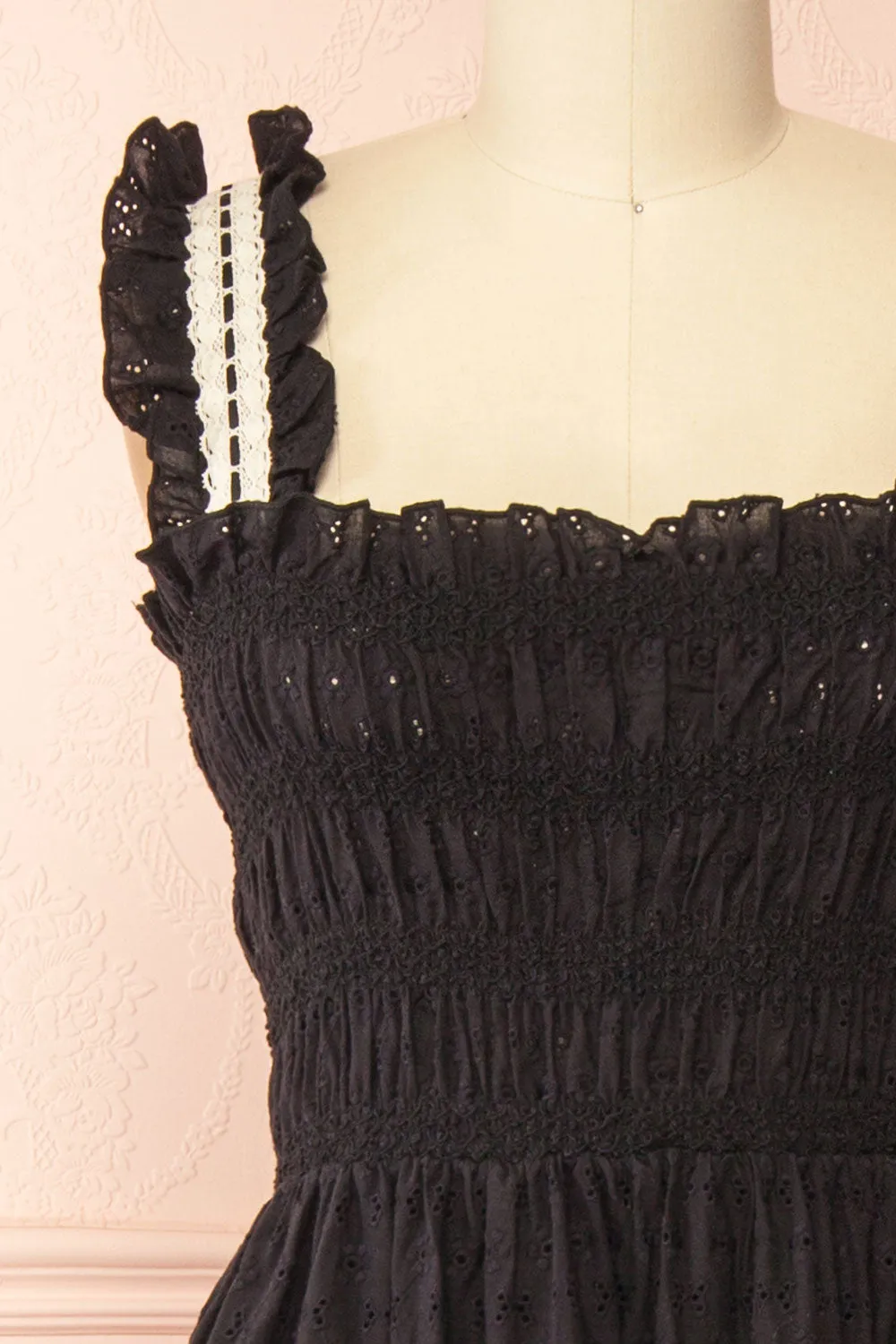 Ayoko | Long Black Open Work Dress w/ Lace Detailing & Pockets