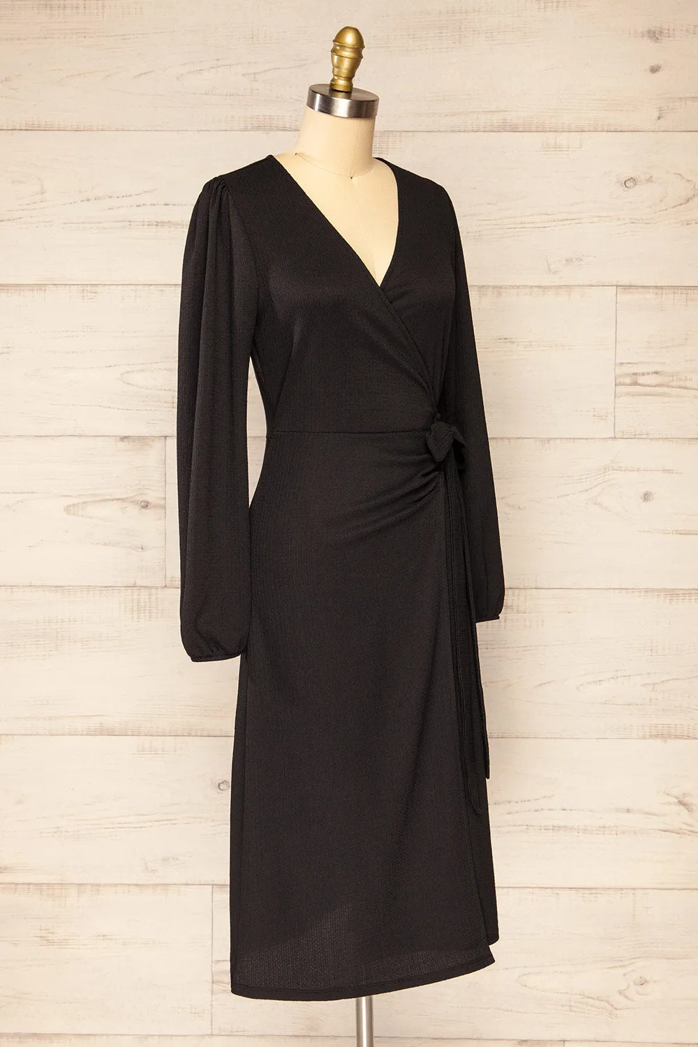 Belfort Black | Textured Wrap Midi Dress w/ Long Sleeves