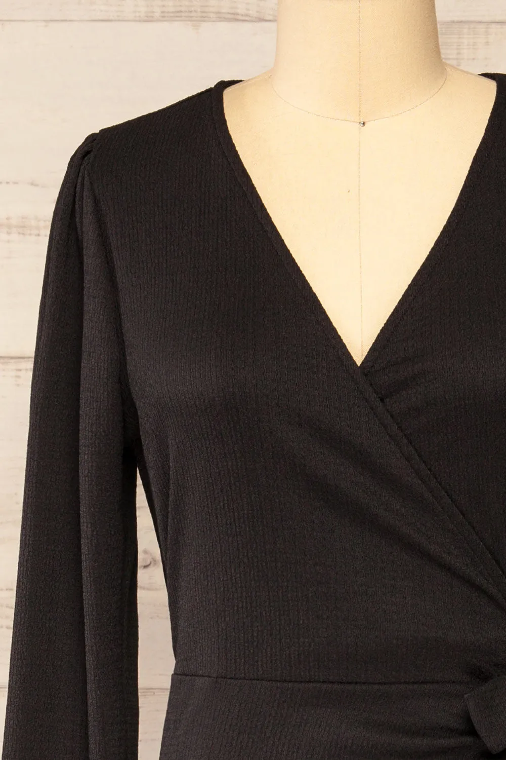 Belfort Black | Textured Wrap Midi Dress w/ Long Sleeves