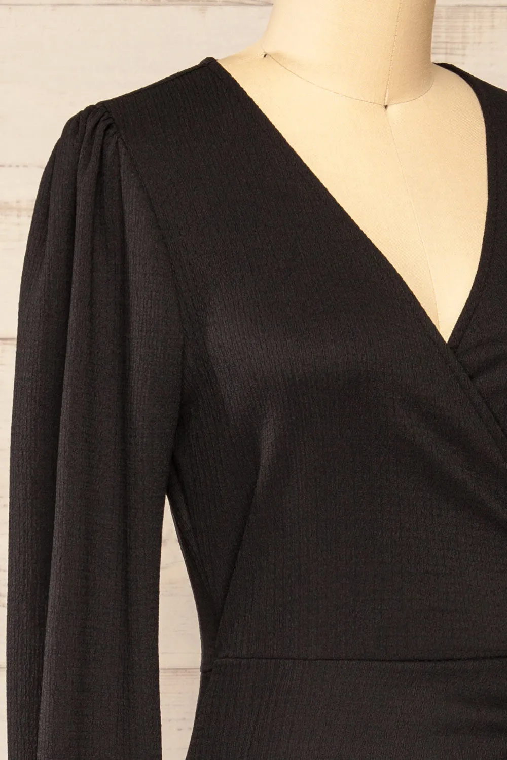 Belfort Black | Textured Wrap Midi Dress w/ Long Sleeves