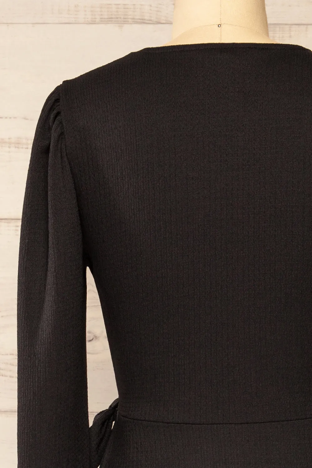 Belfort Black | Textured Wrap Midi Dress w/ Long Sleeves