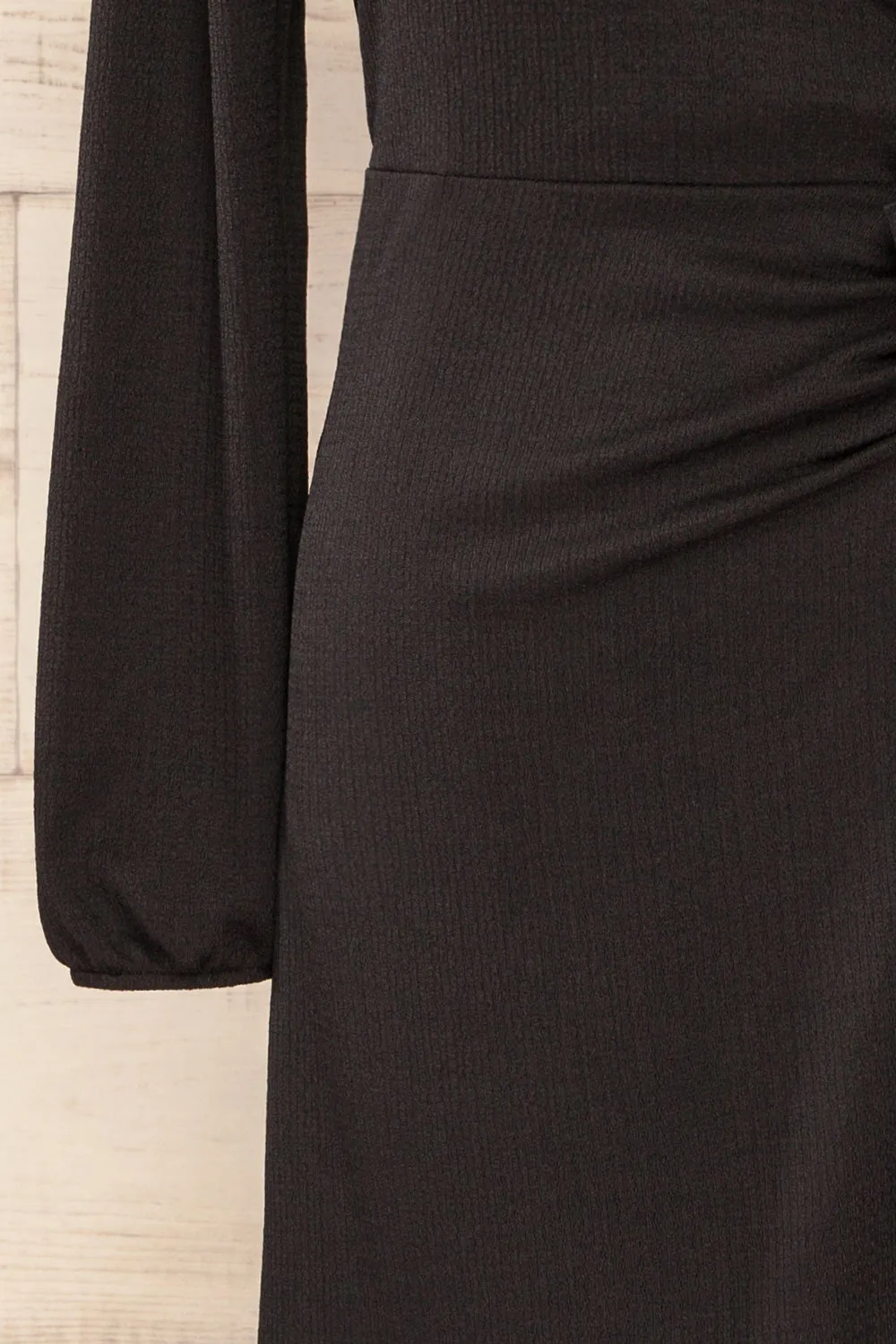 Belfort Black | Textured Wrap Midi Dress w/ Long Sleeves