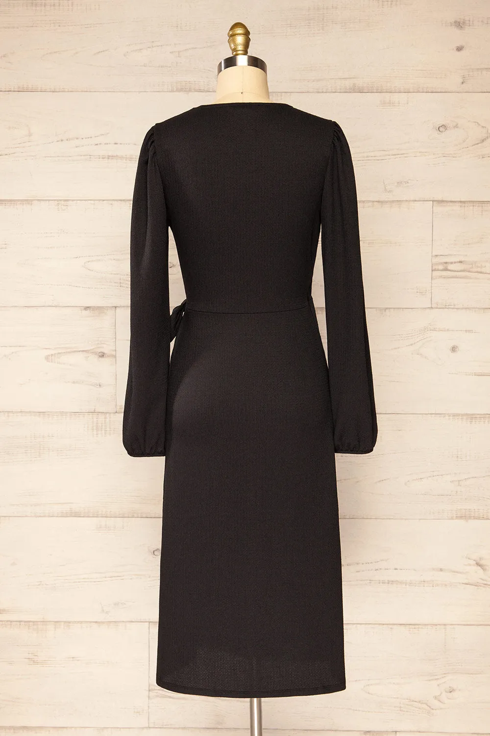 Belfort Black | Textured Wrap Midi Dress w/ Long Sleeves