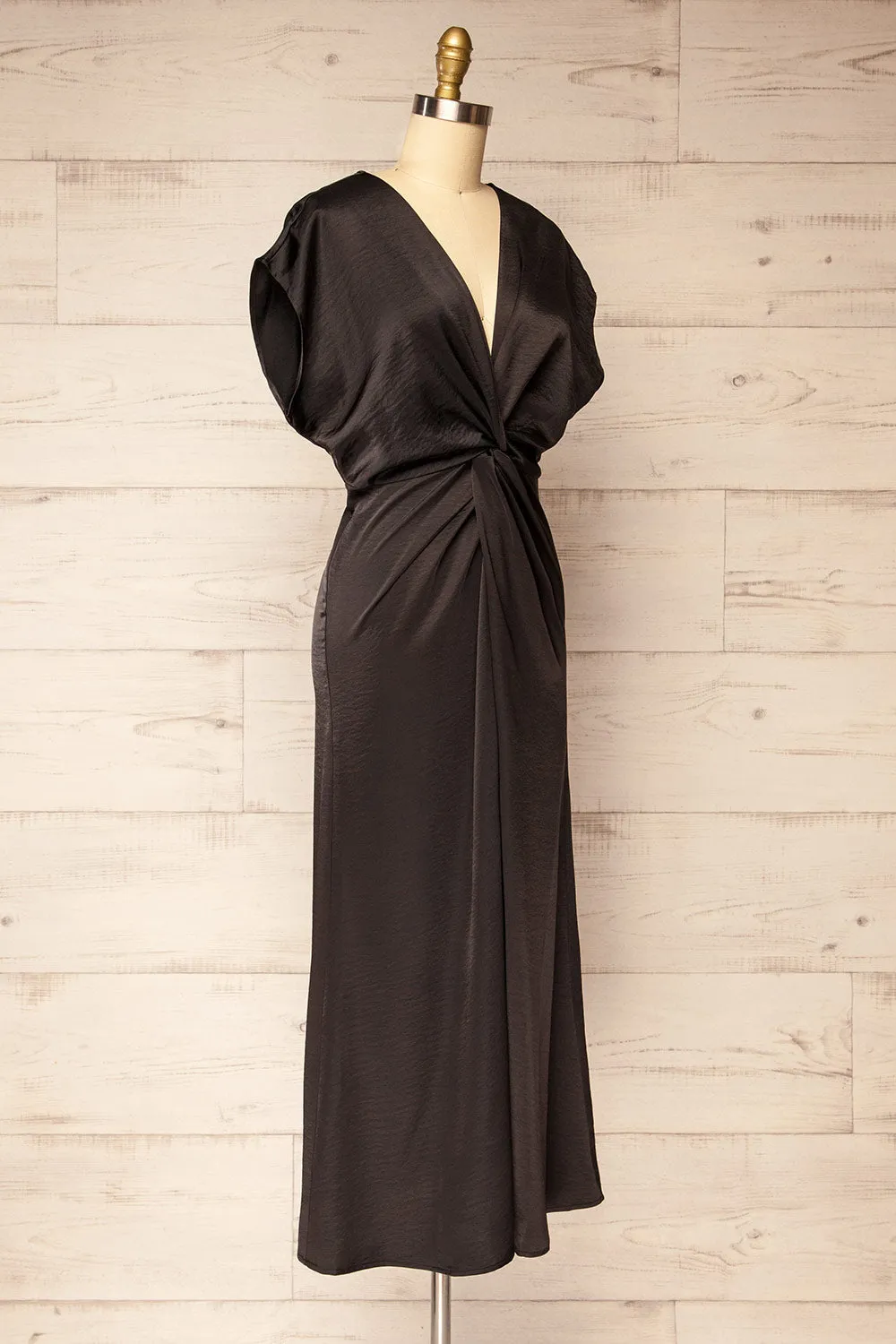Bossie Black | Long Satin Dress w/ Knot Effect