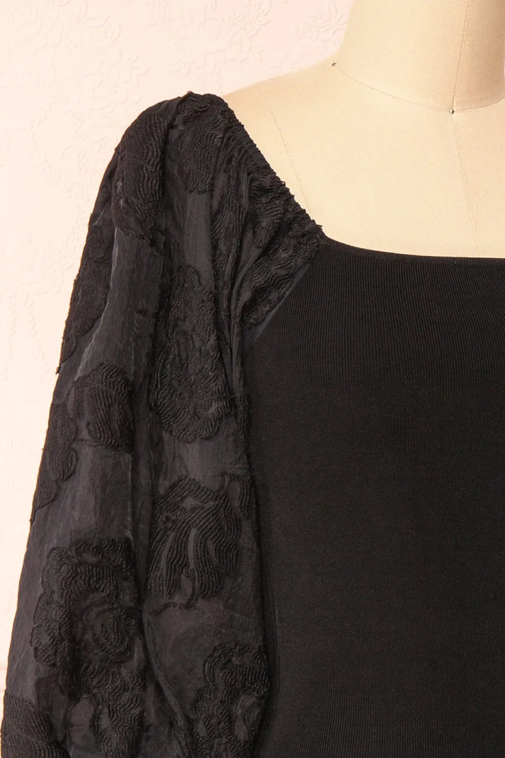 Calixta | Black Midi Dress w/ Textured Sleeves