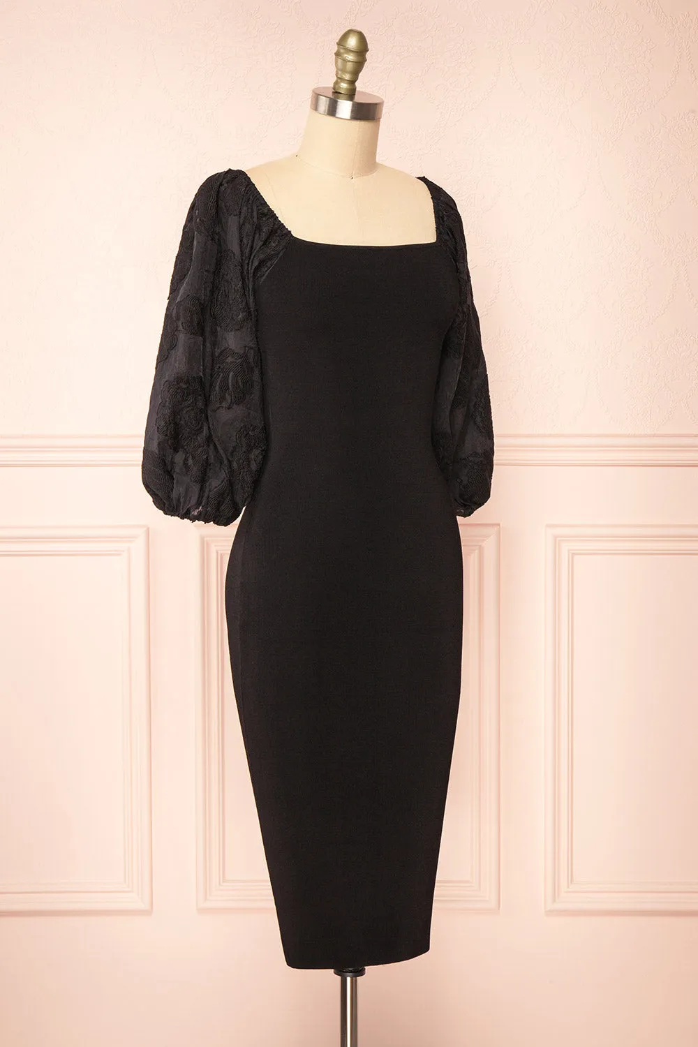 Calixta | Black Midi Dress w/ Textured Sleeves