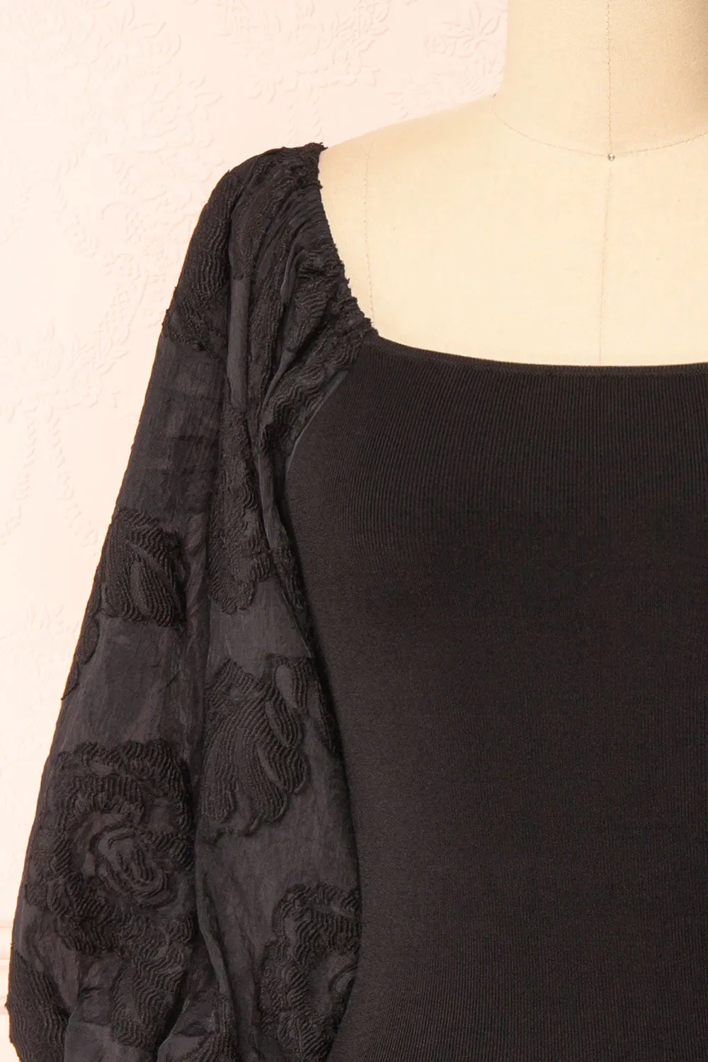 Calixta | Black Midi Dress w/ Textured Sleeves