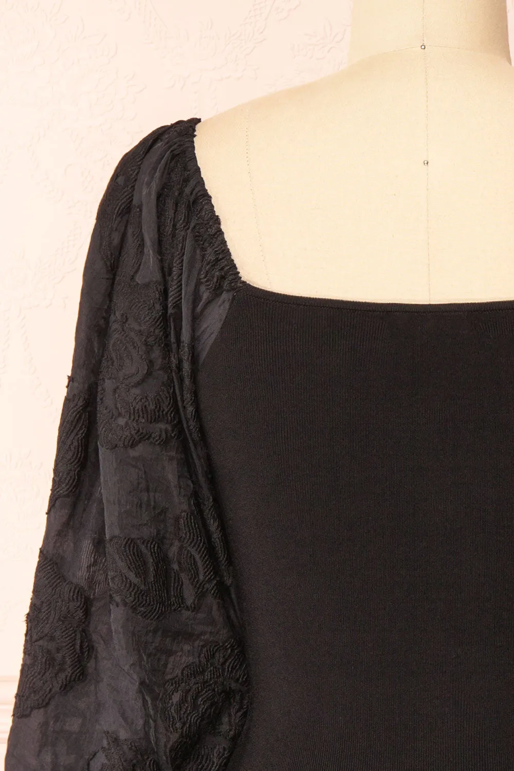 Calixta | Black Midi Dress w/ Textured Sleeves