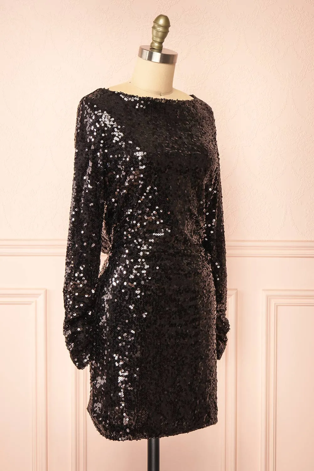 Ceferina | Short Black Sequin Dress w/ Low-Draped Back