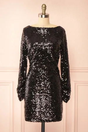 Ceferina | Short Black Sequin Dress w/ Low-Draped Back