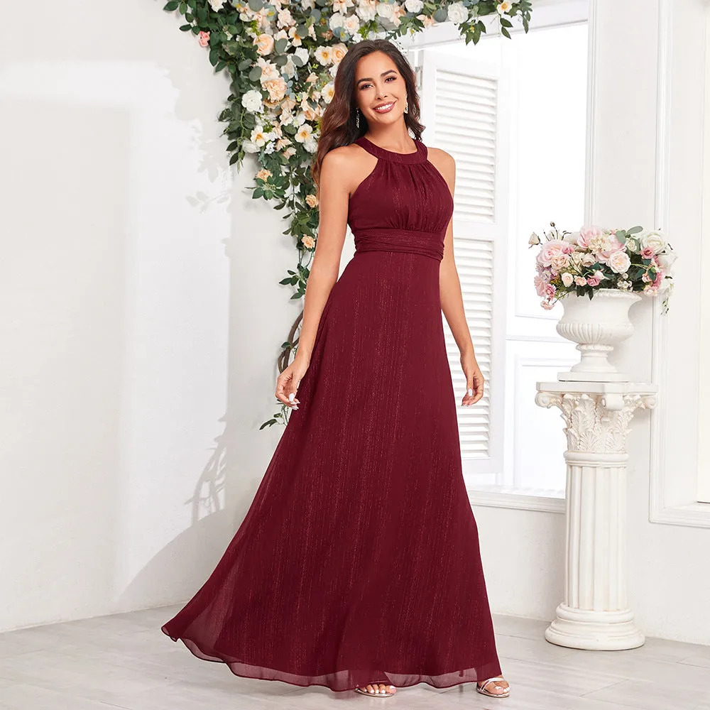 Chic Halter Neck Cut-out Back Pleated Bodice A-line Maxi Formal/Evening Dress
