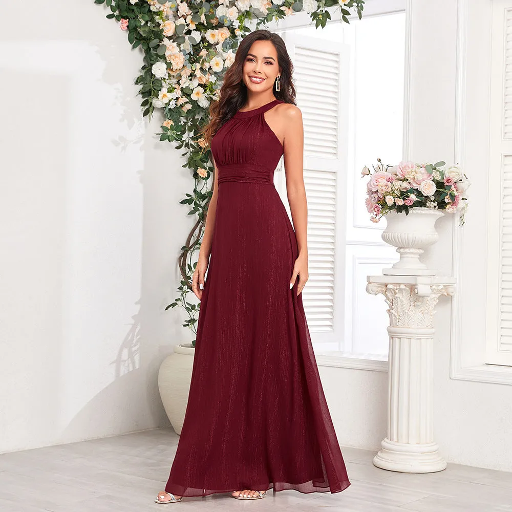 Chic Halter Neck Cut-out Back Pleated Bodice A-line Maxi Formal/Evening Dress