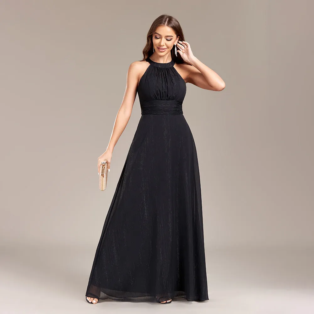 Chic Halter Neck Cut-out Back Pleated Bodice A-line Maxi Formal/Evening Dress