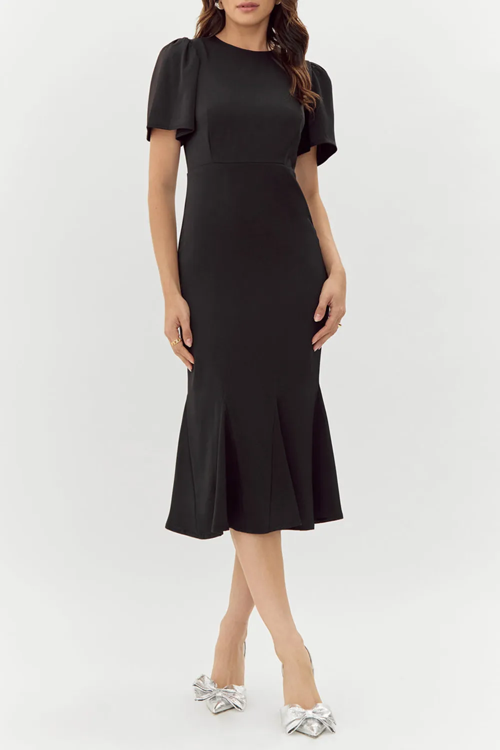 Doreen | Black Midi Dress w/ Bell Sleeves