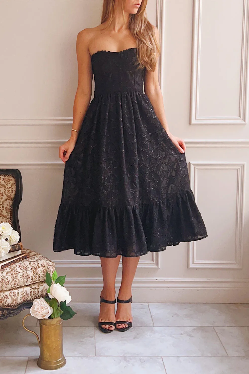 Elspeth | Star Pattern Black Strapless Midi Dress