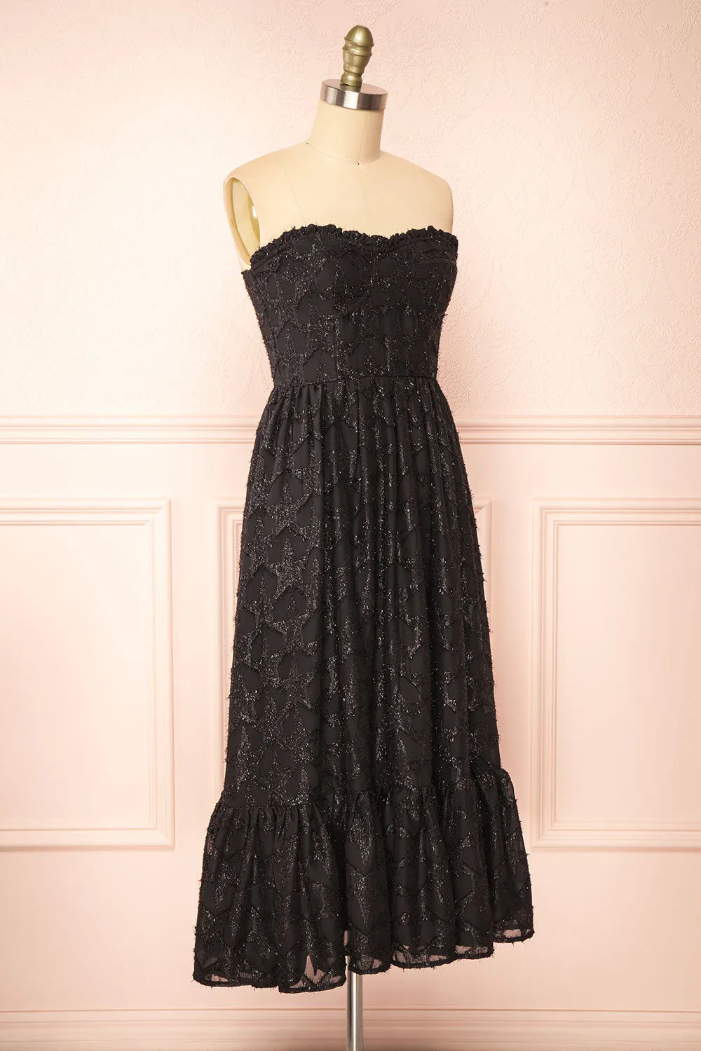 Elspeth | Star Pattern Black Strapless Midi Dress