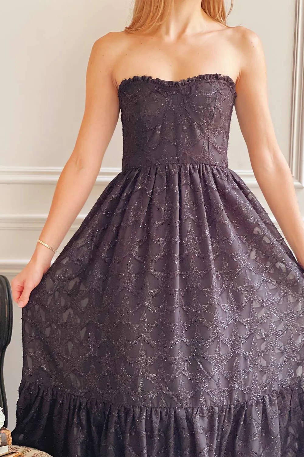 Elspeth | Star Pattern Black Strapless Midi Dress