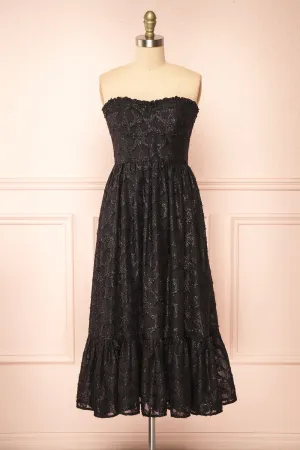 Elspeth | Star Pattern Black Strapless Midi Dress