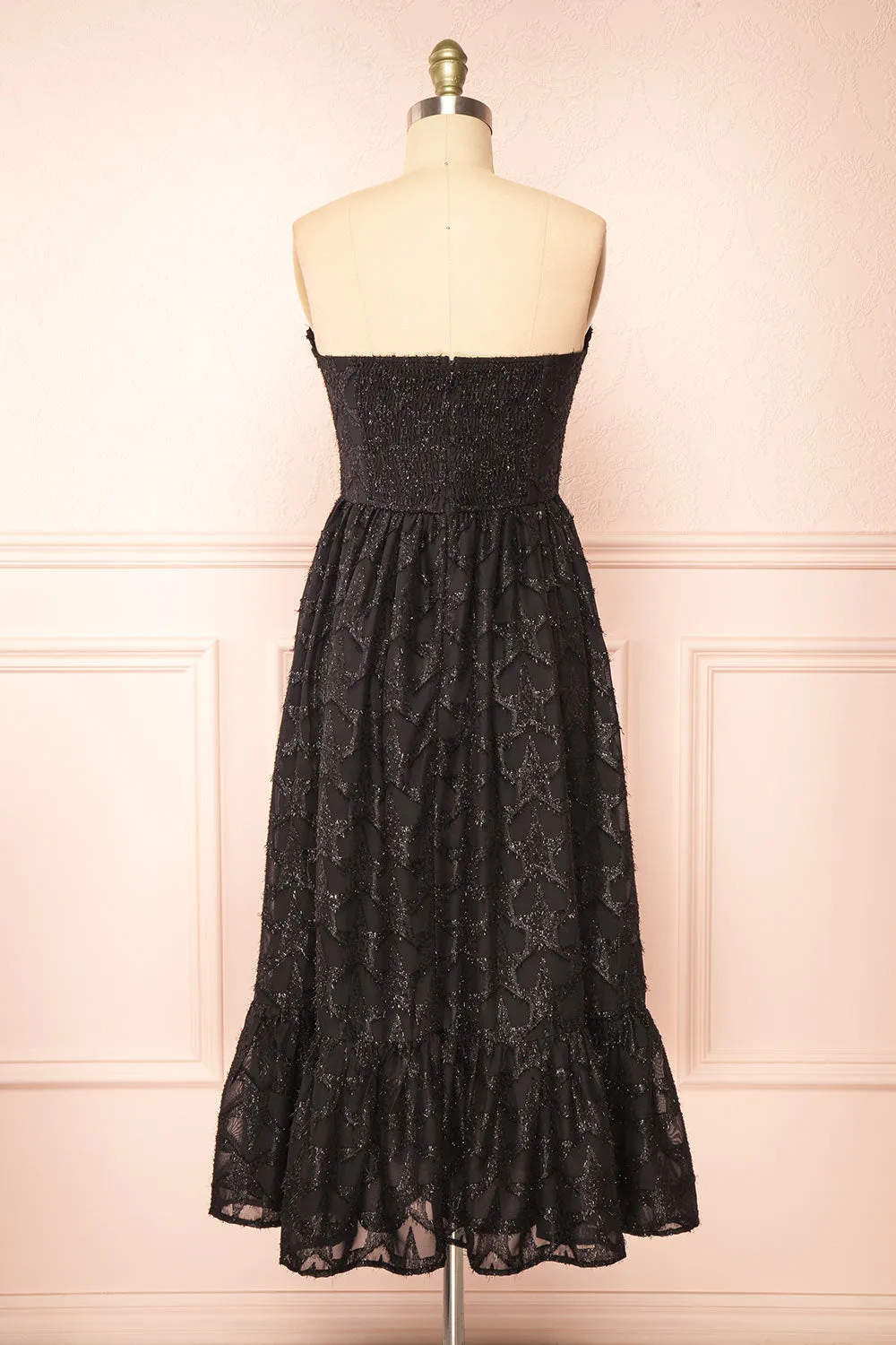 Elspeth | Star Pattern Black Strapless Midi Dress