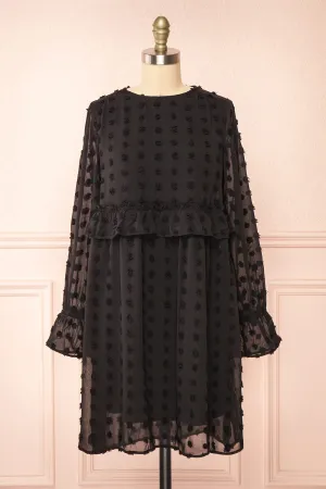 Elyris | Black Loose Dotted Short Dress
