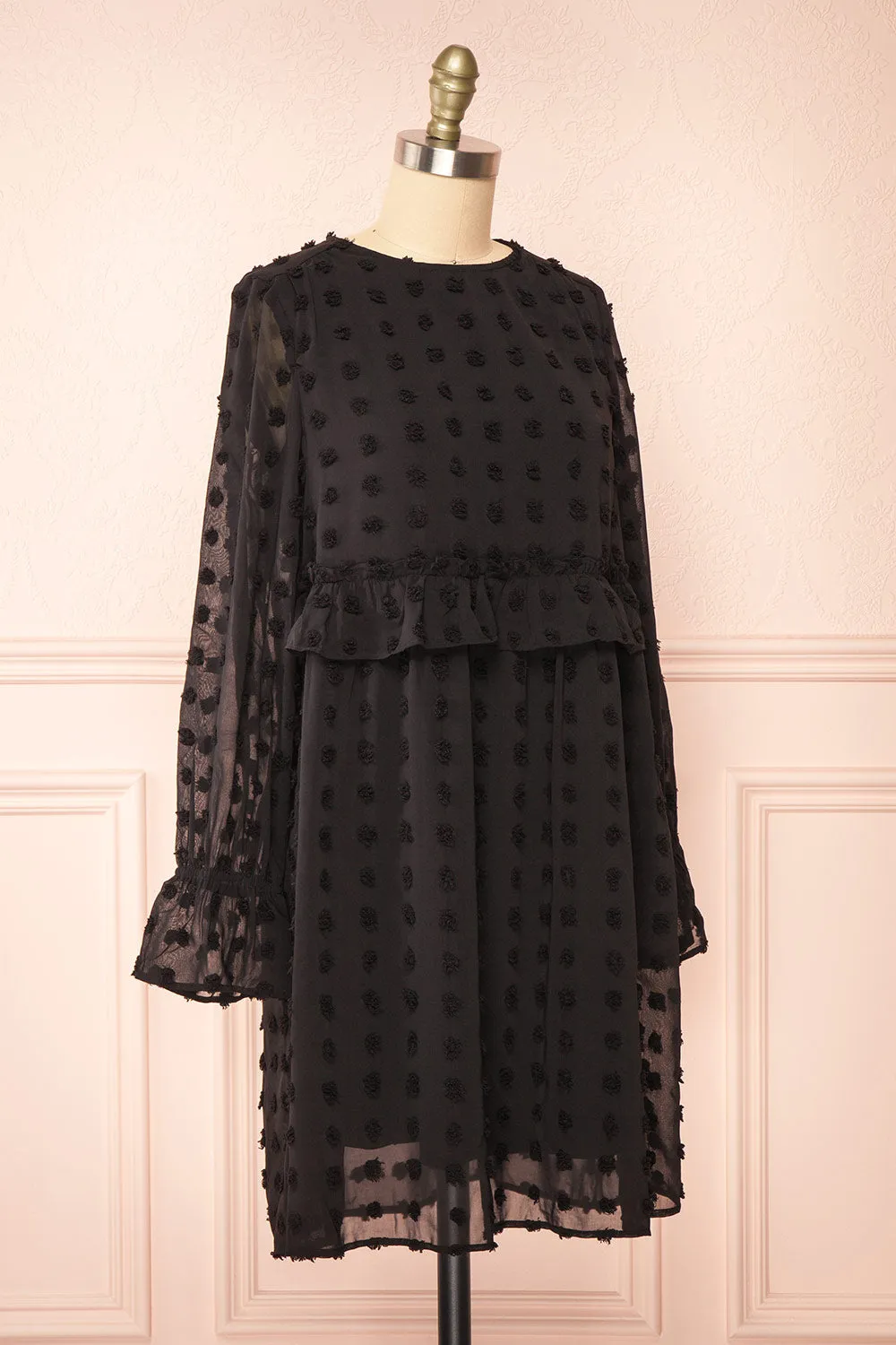 Elyris | Black Loose Dotted Short Dress