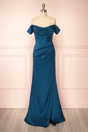 Evolet Navy | Off-Shoulder Corset Maxi Dress
