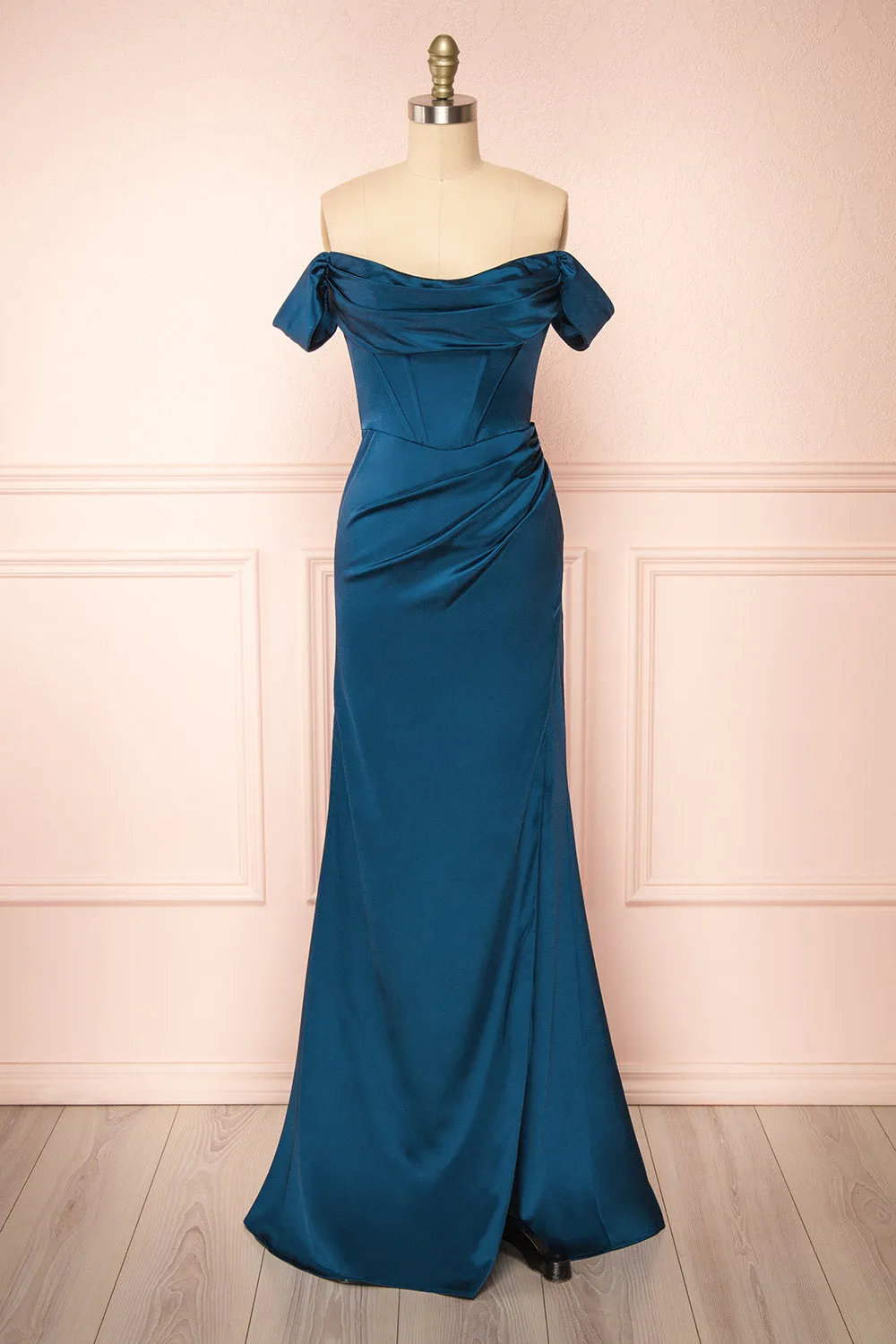 Evolet Navy | Off-Shoulder Corset Maxi Dress