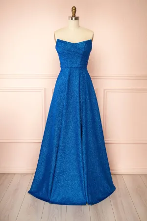 Fitzi Blue | Sparkly Strapless Maxi Dress w/ Slit