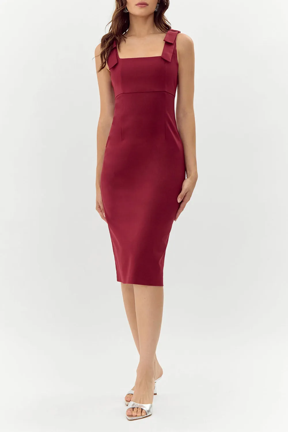 Gaile Burgundy | Shoulder Tie Midi Dress