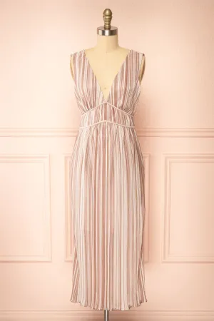 Gloriane | Pleated Beige Multi-Tone Dress w/ Slit