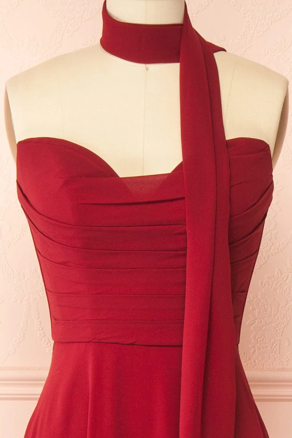 Janie Burgundy | Chiffon Maxi Dress w/ Neck Scarf