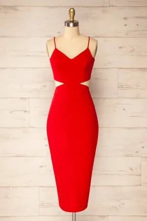 Komia Red | Fitted Midi Dress w/ Cut-Outs