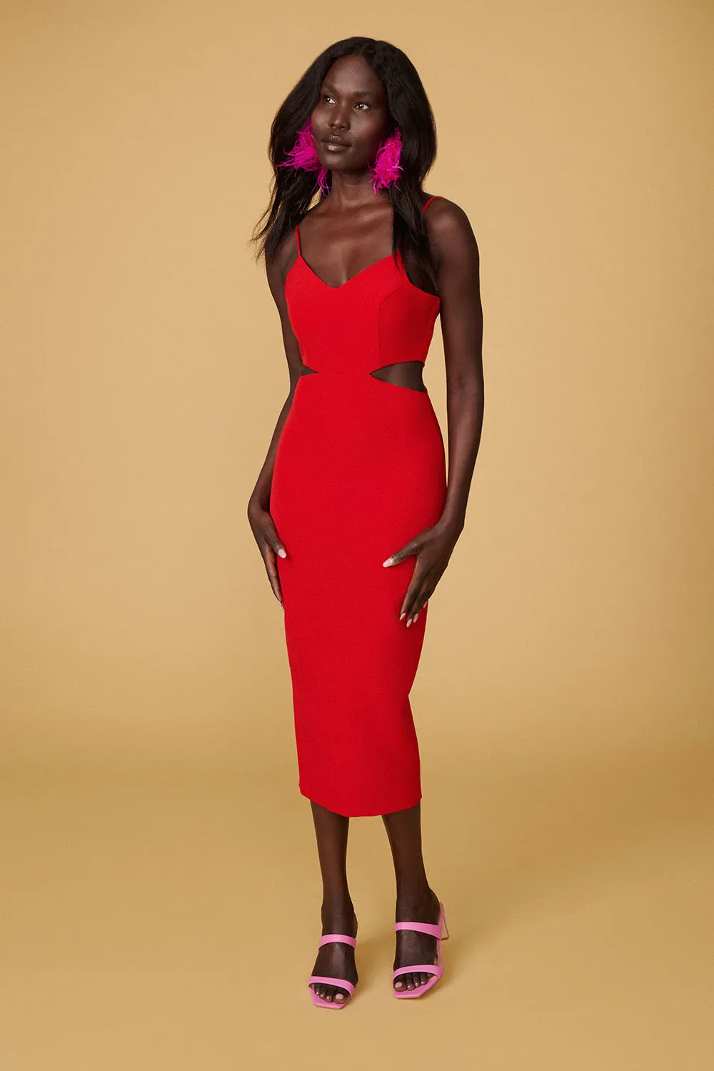 Komia Red | Fitted Midi Dress w/ Cut-Outs