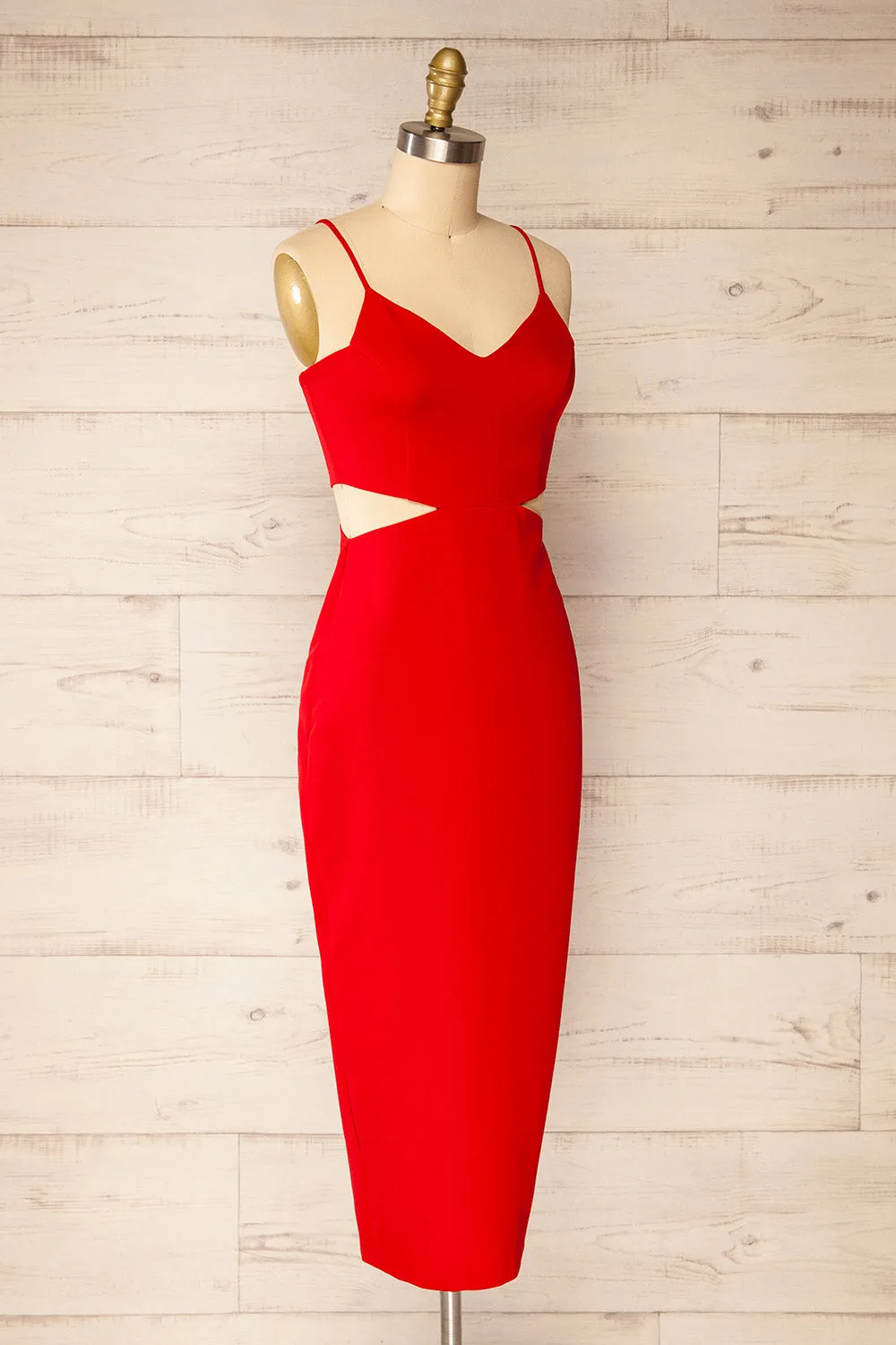 Komia Red | Fitted Midi Dress w/ Cut-Outs